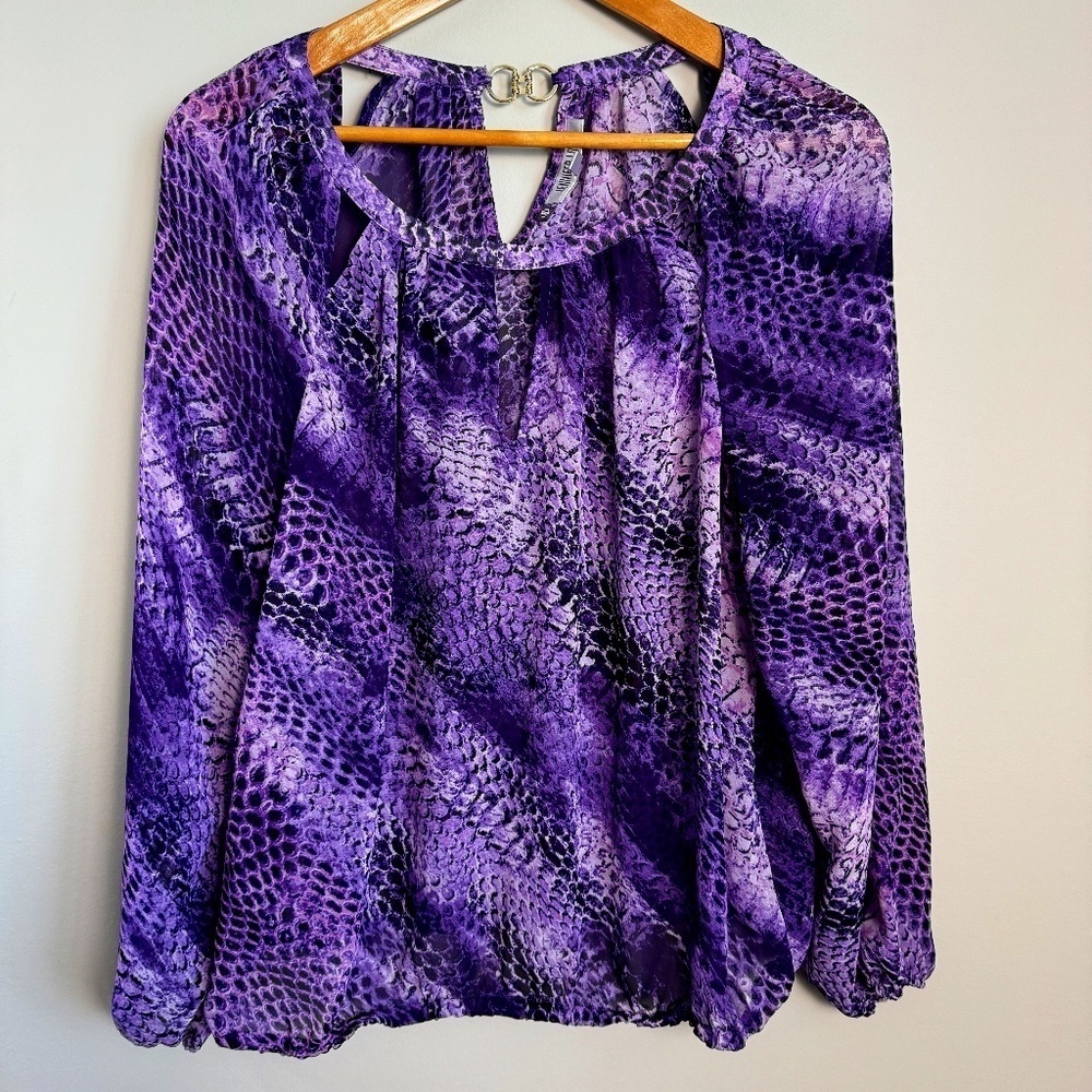 Jennifer Lopez Purple Snakeskin Print Satin Long Sleeve Sheer Blouse Size Large